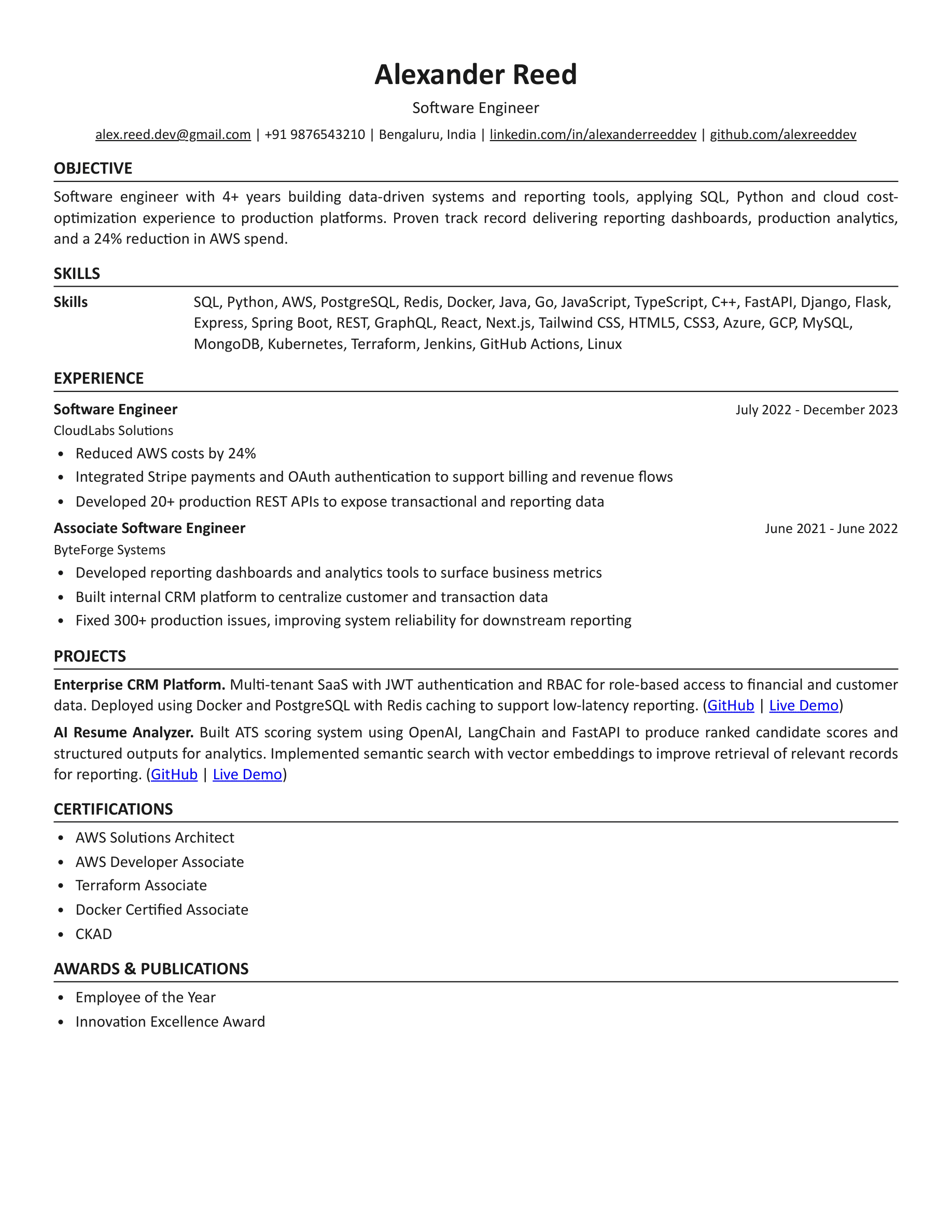 Sample FAANG-style tailored resume: a full one-page document with metrics-led bullet points, skills, and projects with GitHub and live links